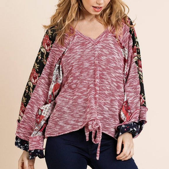 Umgee Top Size S M L Floral Long Puff Sleeve Knit V-Neck - Picture 5 of 6